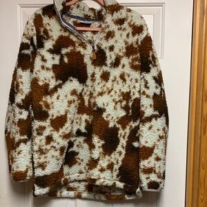 Katydid Brown and Cream Cow Print Sherpa Pullover Half Zip-up